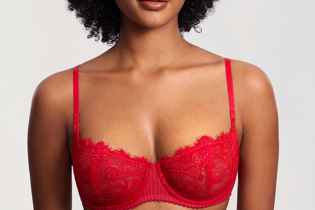 Women's Lace Balconette Underwire Bra Lipstick Red