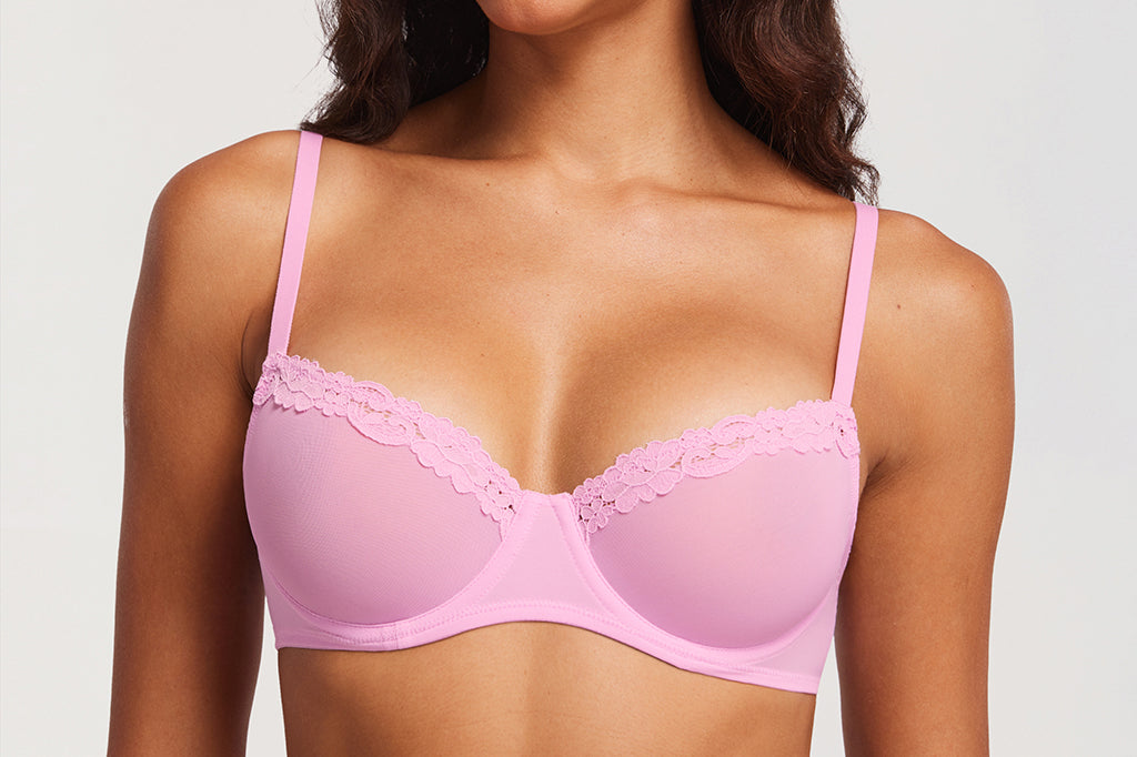 Women's Lacy Mesh Balconette Bra Barbie Powder
