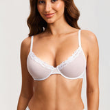 Women's Cosnufy® Mesh Sheer Demi Underwire Unlined Balconette Bra With Lace Trim White