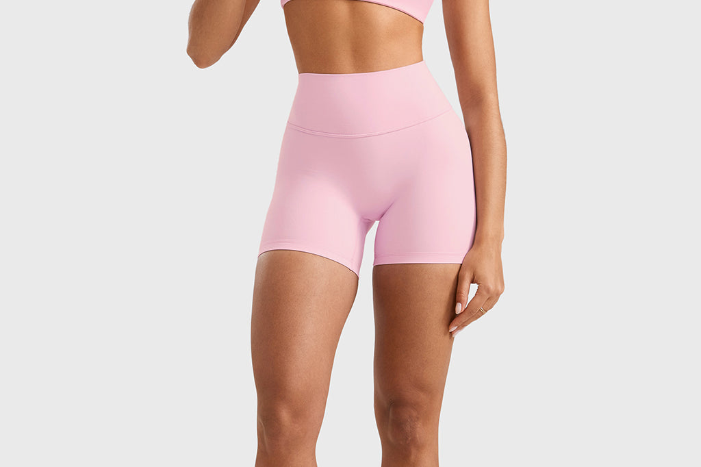 Women's High Waist No Front Seam Scrunch Butt Biker Shorts 5'' V-Back Scrunch Booty Gym Workouts Milk Pink
