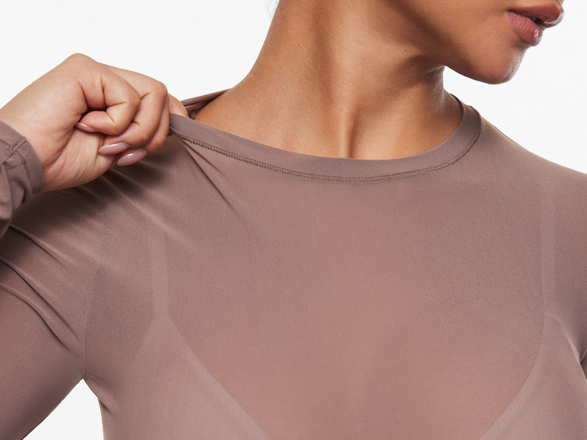 INLYRIC Women's Cosnufy® Mesh Sheer Long Sleeve Top Hazelnut