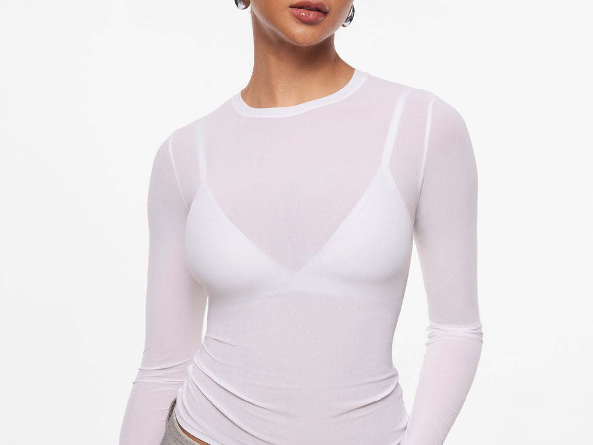 INLYRIC Women's Cosnufy® Mesh Sheer Long Sleeve Top Snow White