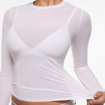 INLYRIC Women's Cosnufy® Mesh Sheer Long Sleeve Top Snow White