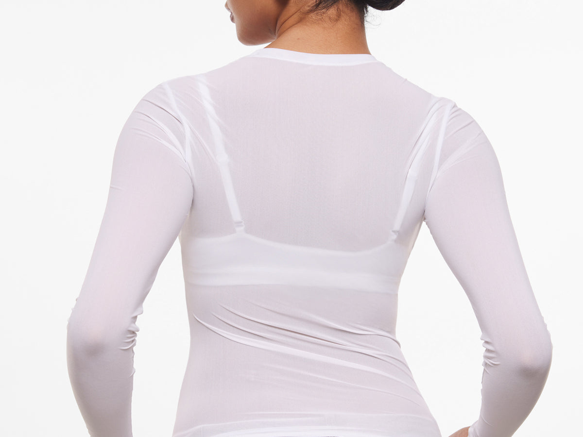 INLYRIC Women's Cosnufy® Mesh Sheer Long Sleeve Top Snow White