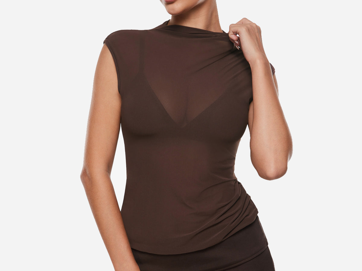 Cosnufy® Sheer Mesh Mock Neck Tank Top Black