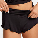 Modal Ribbed Fold Over Pleated Sleep Shorts Black