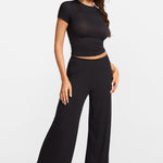 Modal Ribbed Wide Leg Casual Pants Light Khaki Heather