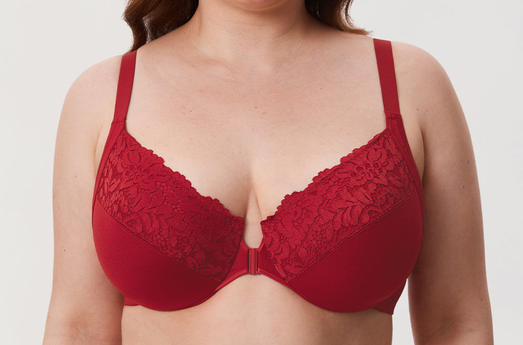 Women's Lace Front Closure Posture Bra Dark Red