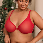 Women's Sheer Mesh Front Closure Posture Bra Lipstick Red
